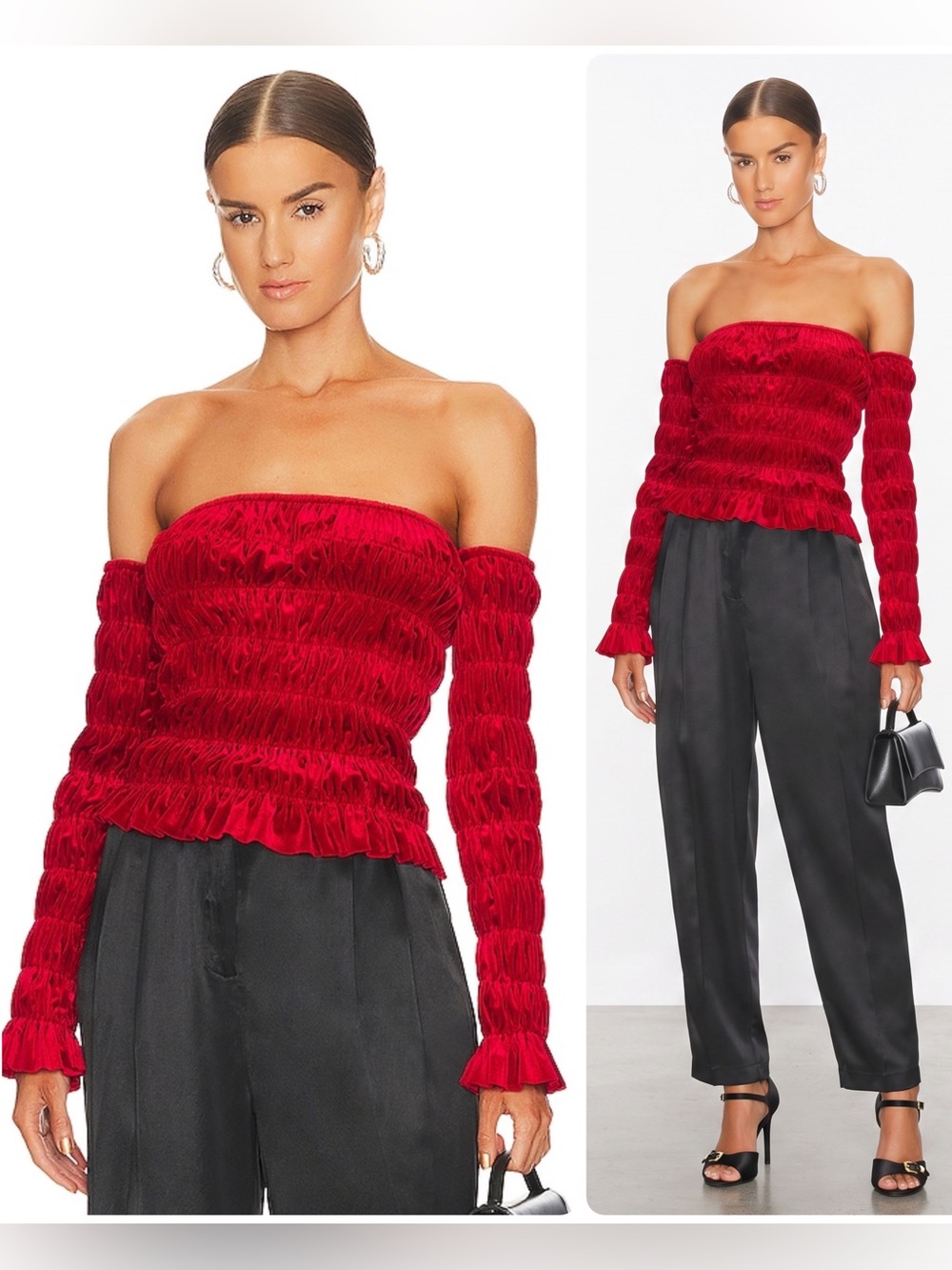 Norma Kamali Red Elastic Smocked Tube Top with Detachable Sleeves NWT $175